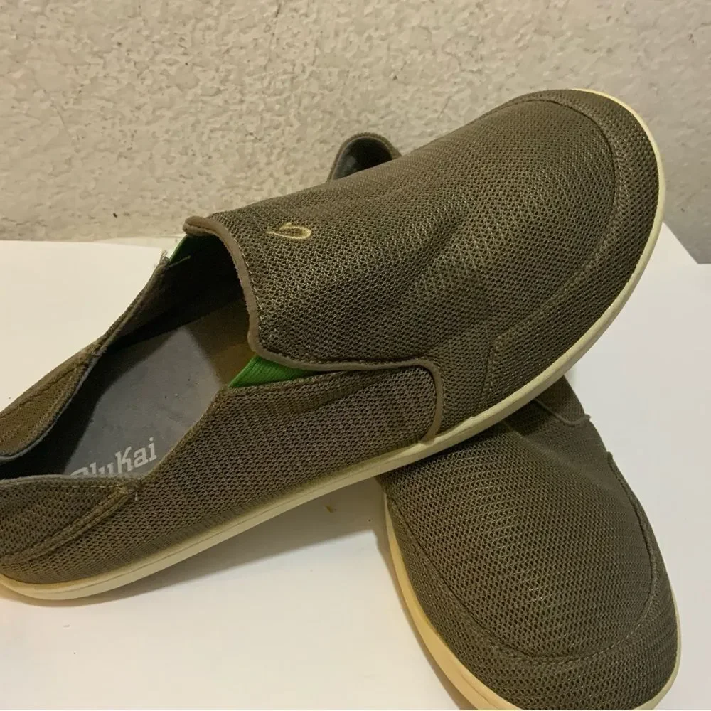 Men's OluKai Nohea Mesh Mustang/Lime Peel Slip On Shoes Loafers
